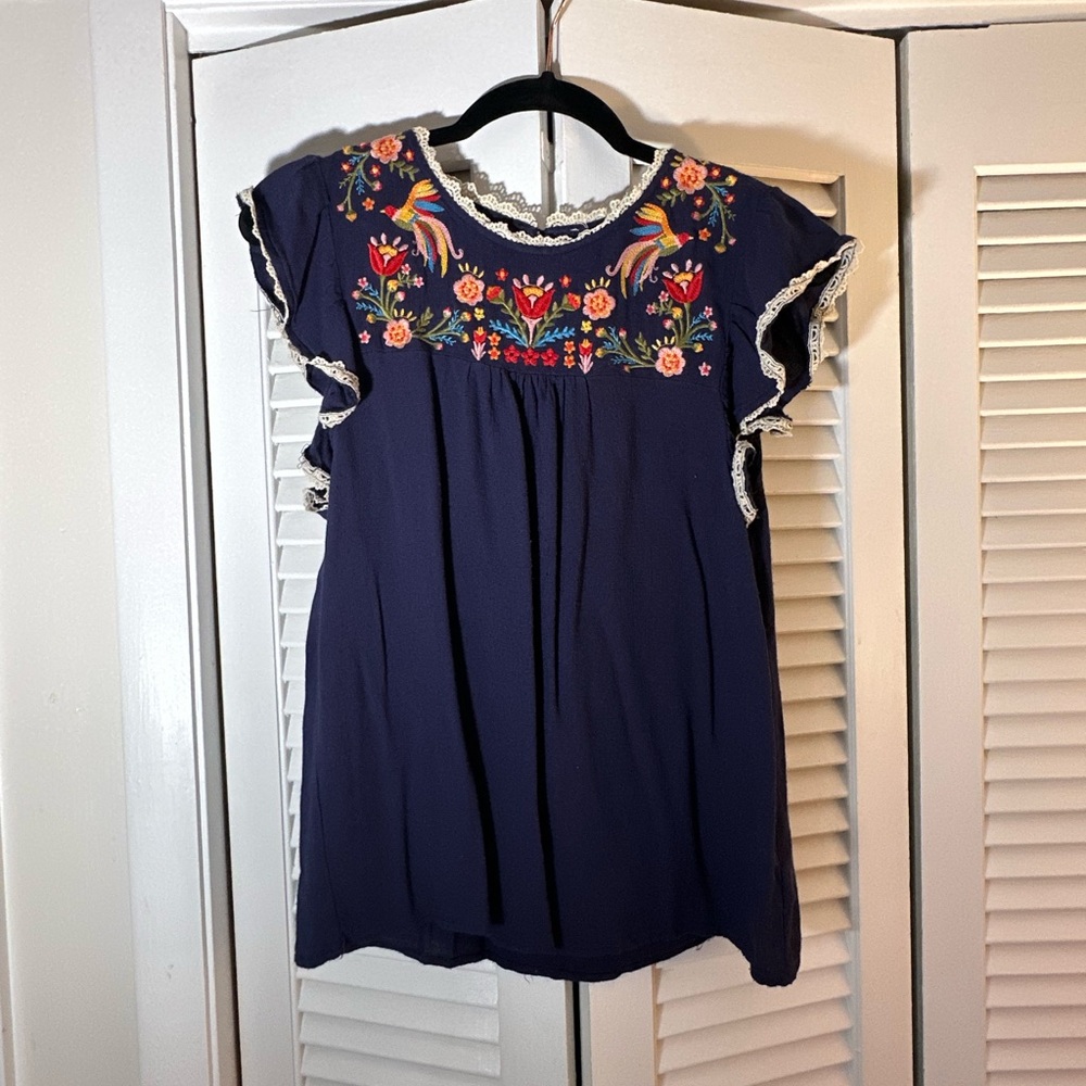 Navy Blouse with Colorful Embroidery